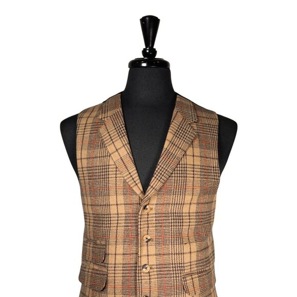 Mens Plaid Wool Vest 42R Tan Orange Waistcoat Wedding Prom Party Formal Casual - Picture 4 of 10